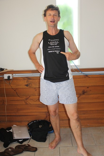 Michael Coxon proudly displays the latest fashion in weigh-in gear - Zhik Etchells NSW State Championship 2011  © Tracey Johnstone